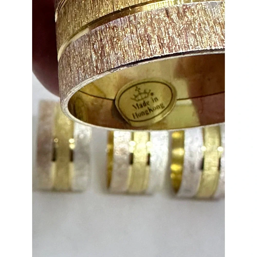 VTG Napkin Rings Gold Silver Two Tone Textured Striped Set of 4 Hong Kong